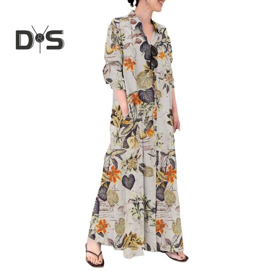 

Женское платье Свободное платье с красочным цветочным принтом длиной до щиколотки и карманами с длинными рукавами с трапециевидными лацканами Однобортное мягкое дышащее осенне-весеннее платье макси M оранжевый