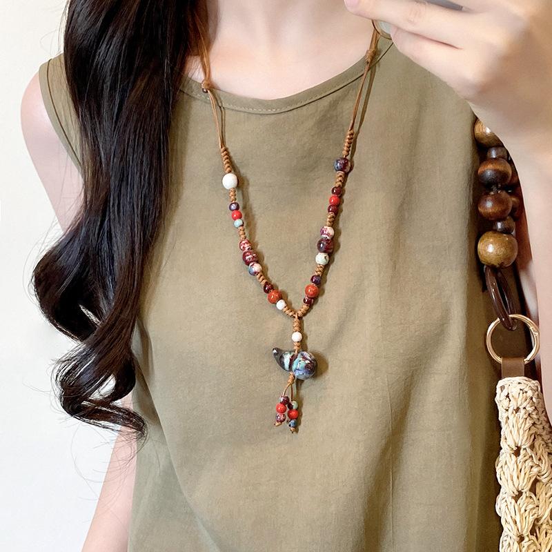 

Color beaded gourd necklace women s retro ethnic style long woven sweater chain new Chinese zen Internet celebrity accessories