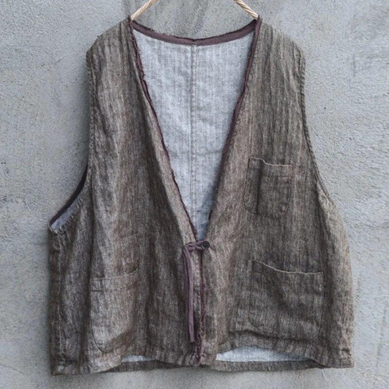 

Johnature женские винтажные льняные жилеты пальто с v-образным вырезом однотонные однотонные лоскутные карманы на одной пуговице осенние жилеты в китайском стиле One Size кофейный