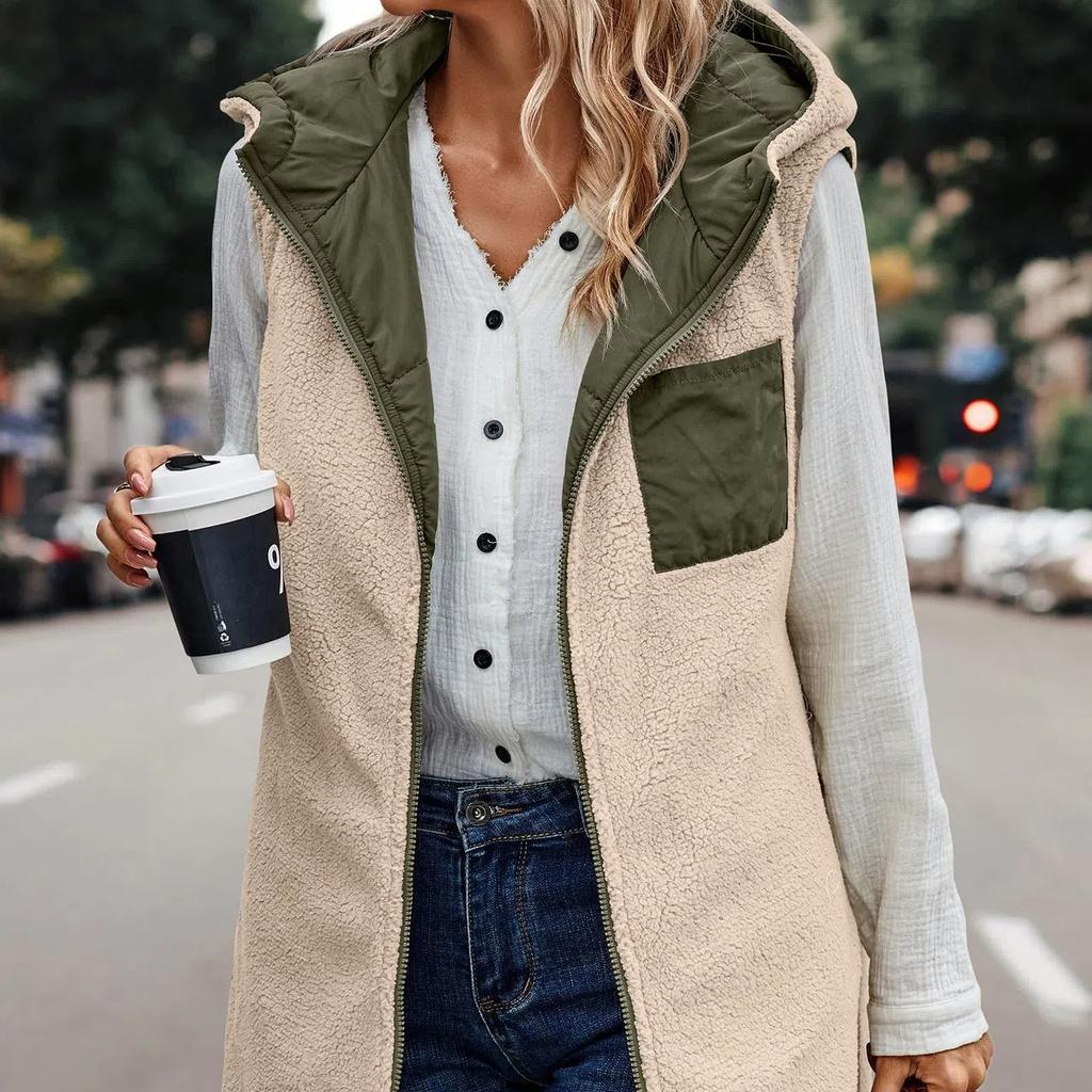 Womens 2025 Fall Reversible Vests Sleeveless Fleece Jacket Zip Up Hoodie Pockets Long Warm Winter Coat
