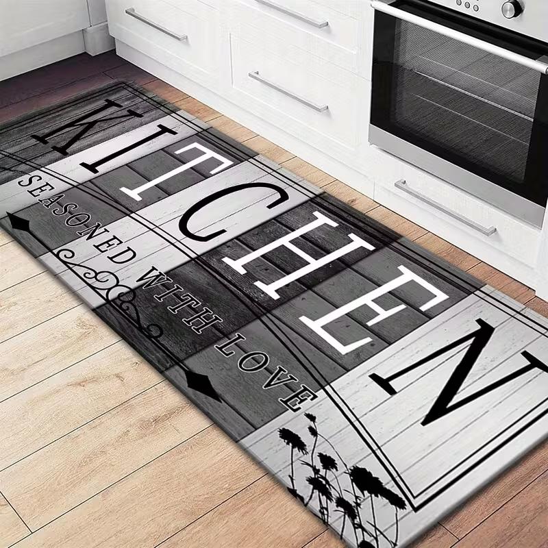 Vintage Kitchen Letter Pattern Floor Mat Non Slip Waterproof Washable Rug for Kitchen Laundry Room Bathroom Entryway Home Decor