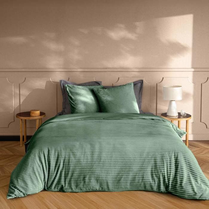 Housse couette + 2 taies 220 x 240 cm Flanelle Veloutea Vert