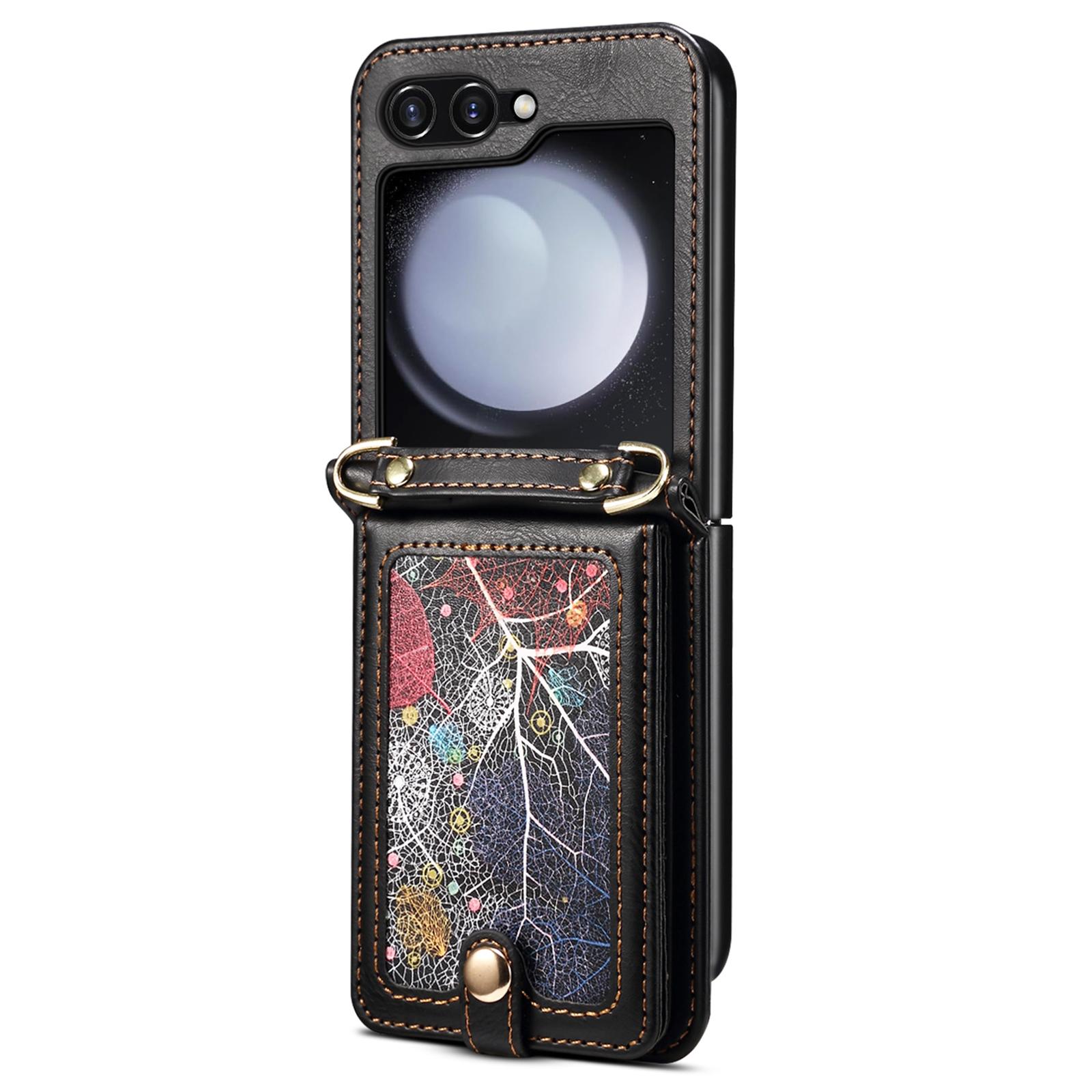 

For Samsung Galaxy Z Flip6 5G Case Leather+PC Phone Cover with Card Holder Long Strap Black