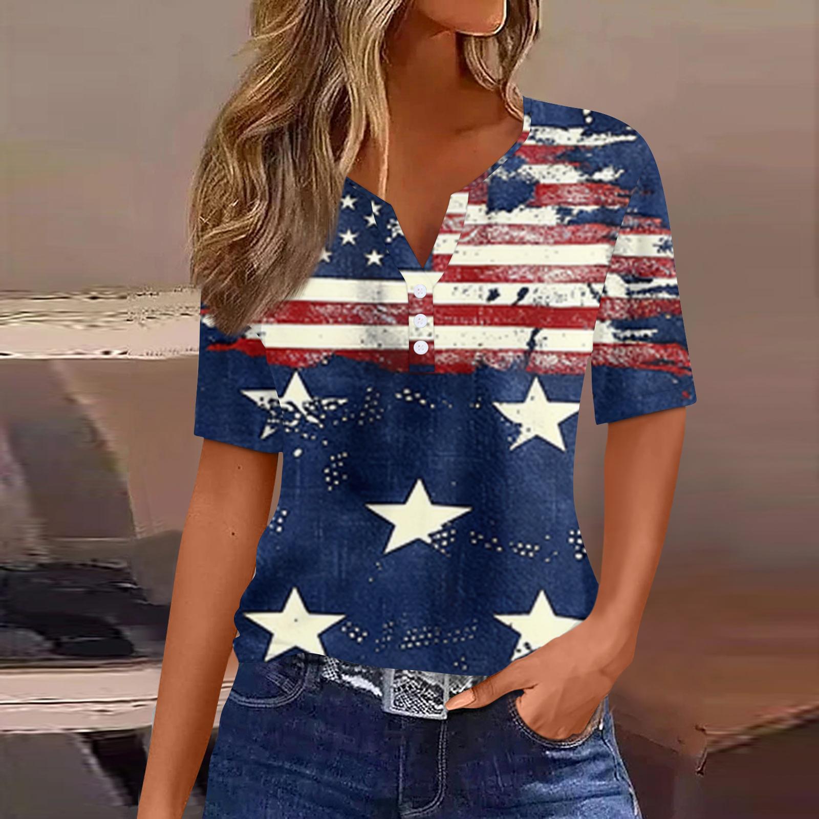 

Женская модная повседневная футболка с принтом американского флага (звезды и полосы) к Дню независимости, с воротником, V-образным вырезом, короткими рукавами, украшенной пуговицей S тёмно-синий
