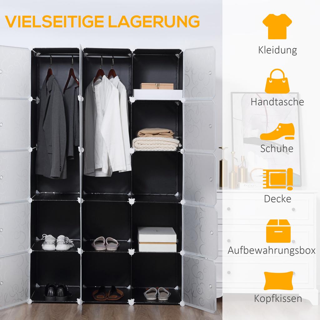 Portable Wardrobe for Bedroom, 15 Cube Closet with Hanging Rail, Modular Storage Cabinet, Plastic Armoire for Space Saving, White and Black