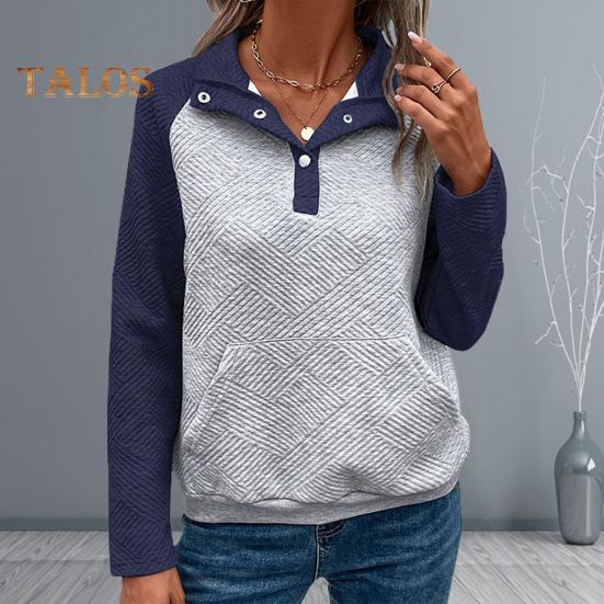 

Женская весенняя толстовка с воротником-стойкой, длинными рукавами, цветными вставками, накладными карманами, свободным пуловером, эластичным подолом, женский повседневный топ S темно-синий