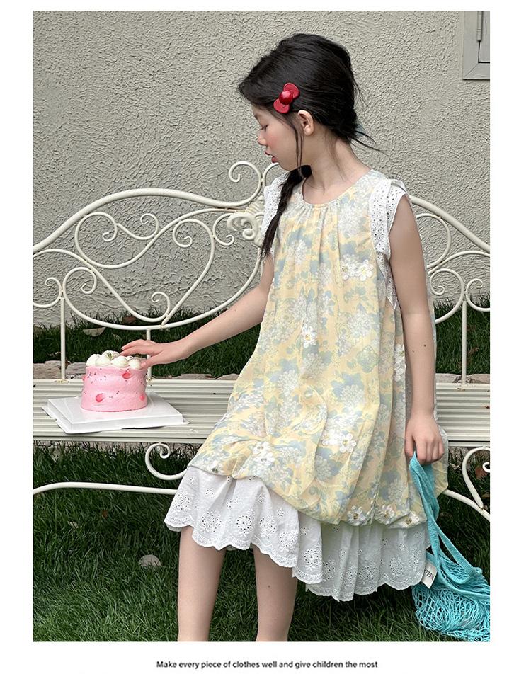 Girls' 2026 new sweet and cute sleeveless floral dress, summer lace patchwork mesh skirt, stylish long skirt