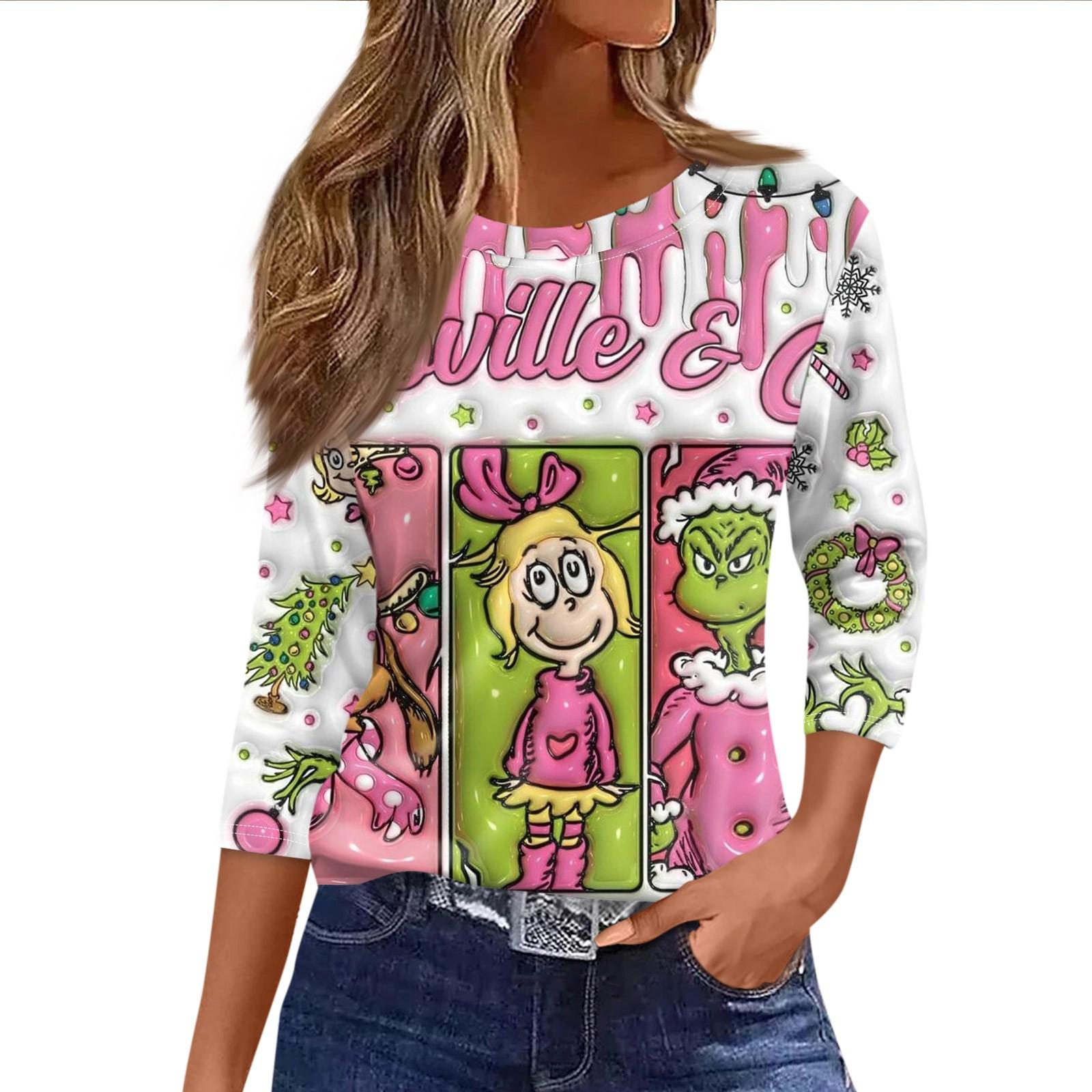 

Women s Fashionable Casual Three Quarter Sleeve Christmas Printed Round Neck Top M