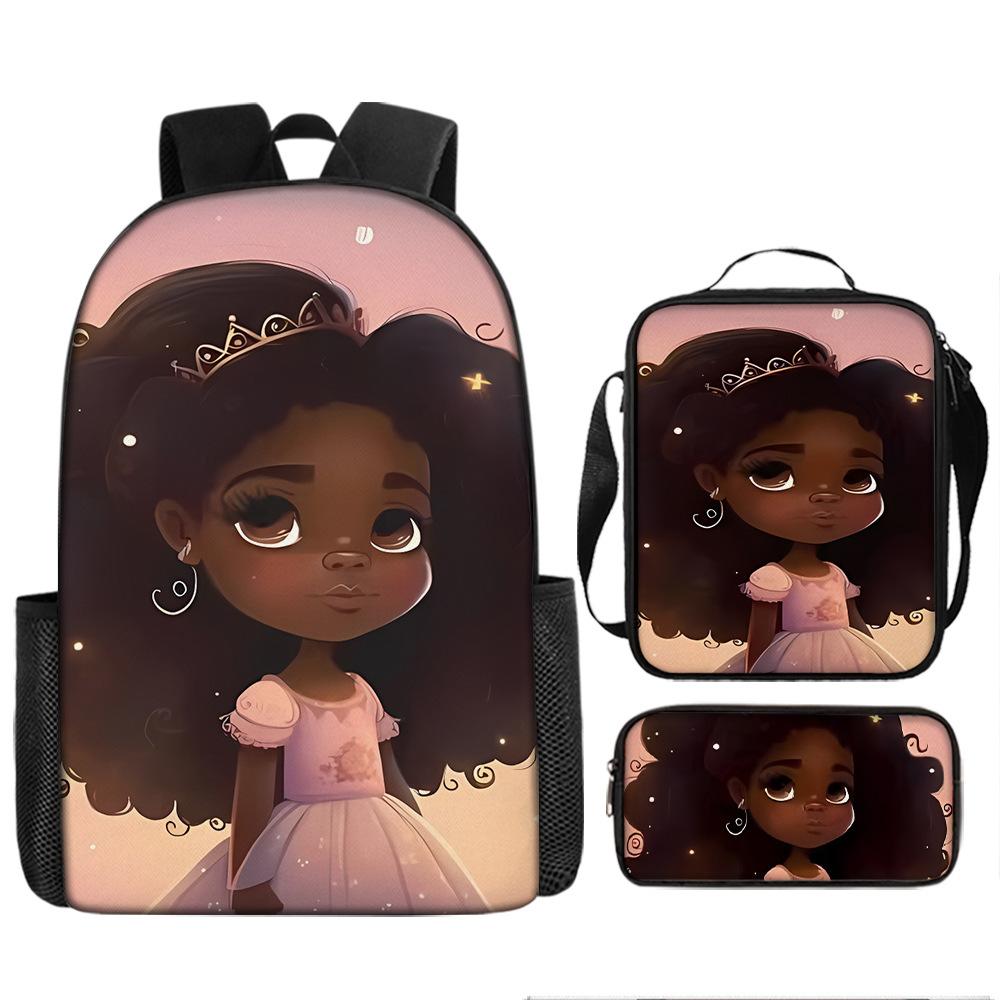 Cartoon African Girl Schoolbag, Primary And Secondary School Backpack, Backpack Three-Piece Set