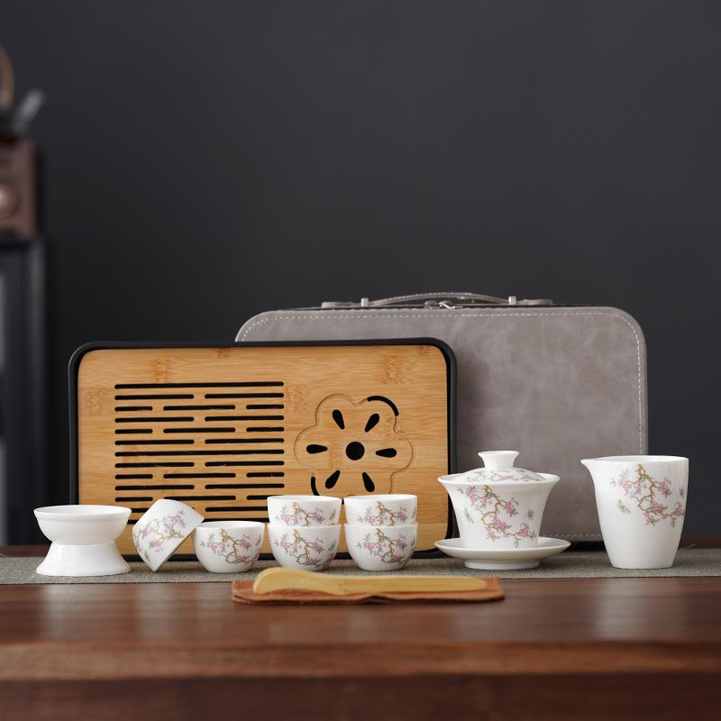 Gift box set New Chinese wisteria flower teapot leather bag suet jade ceramic household high-end souvenir