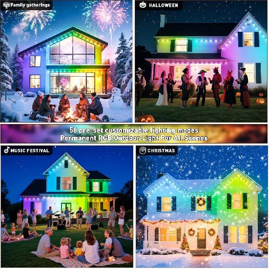 Permanent Outdoor Lights,200FT RGB Eave Light,IP67 Waterproof Lighting for House,Smart LED with App/Remote Control for Outdoor Decor,Garden