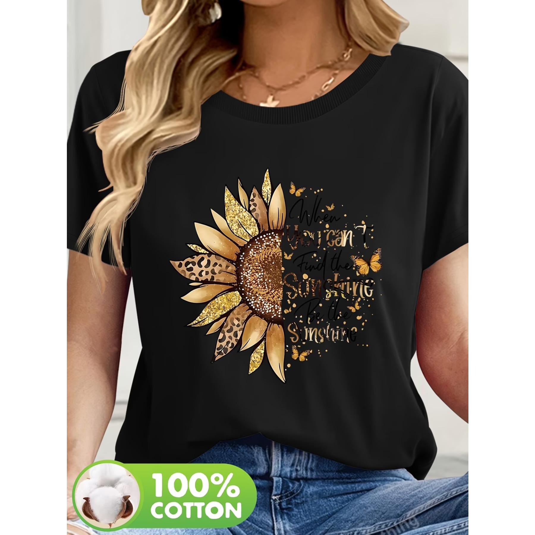 

Short-Sleeve T-Shirt for Women with Sunflower Print Design, A Basic Summer Piece for Casual Wear, Machine Washable XXL чорний