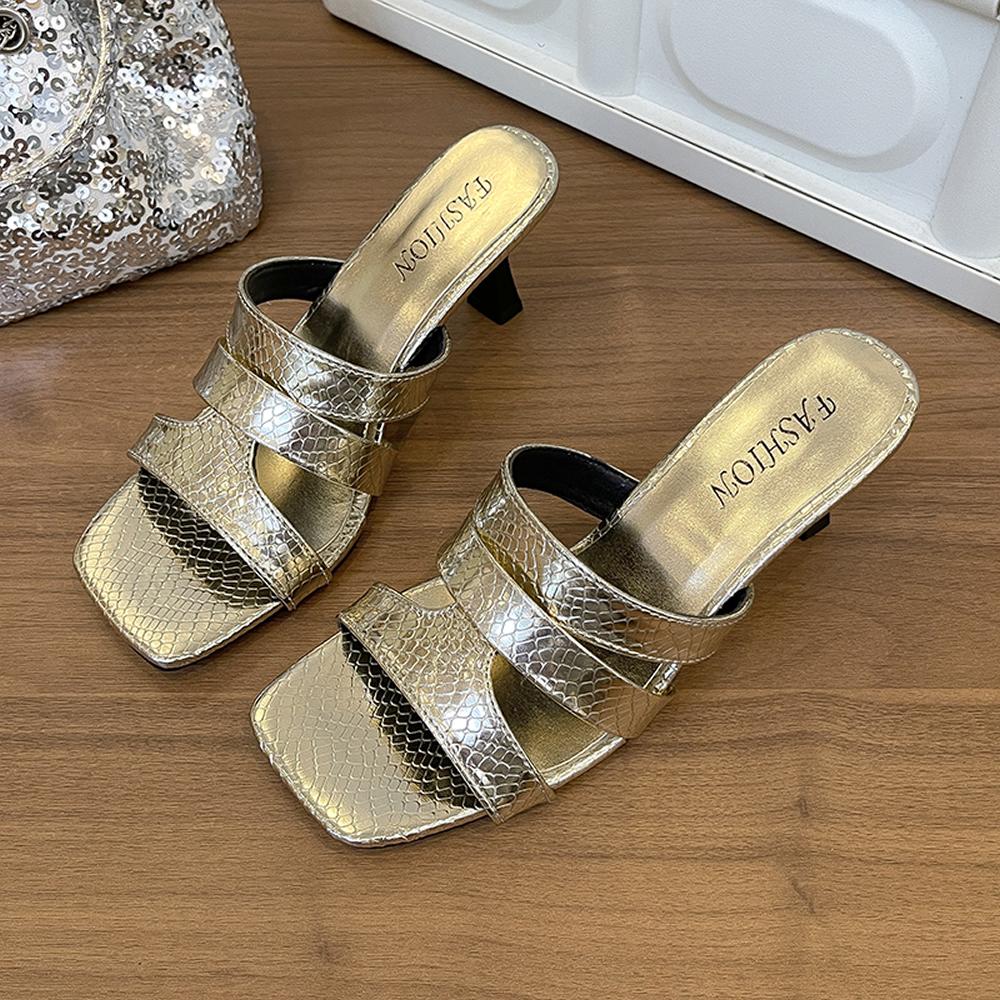 Bling Bling Luxurious Rhinestone Decor Slippers Women Square Toe Thin High Heels Sandals Summer Dress Shoes Party Wedding Shoes