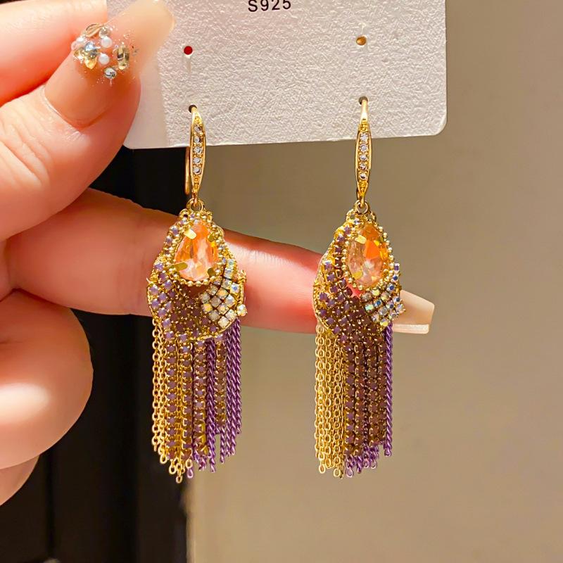 Retro Silver Needle Zircon Glass Water Drop Earrings Court Temperament Stud Earrings Personality Trend Versatile Earrings Women