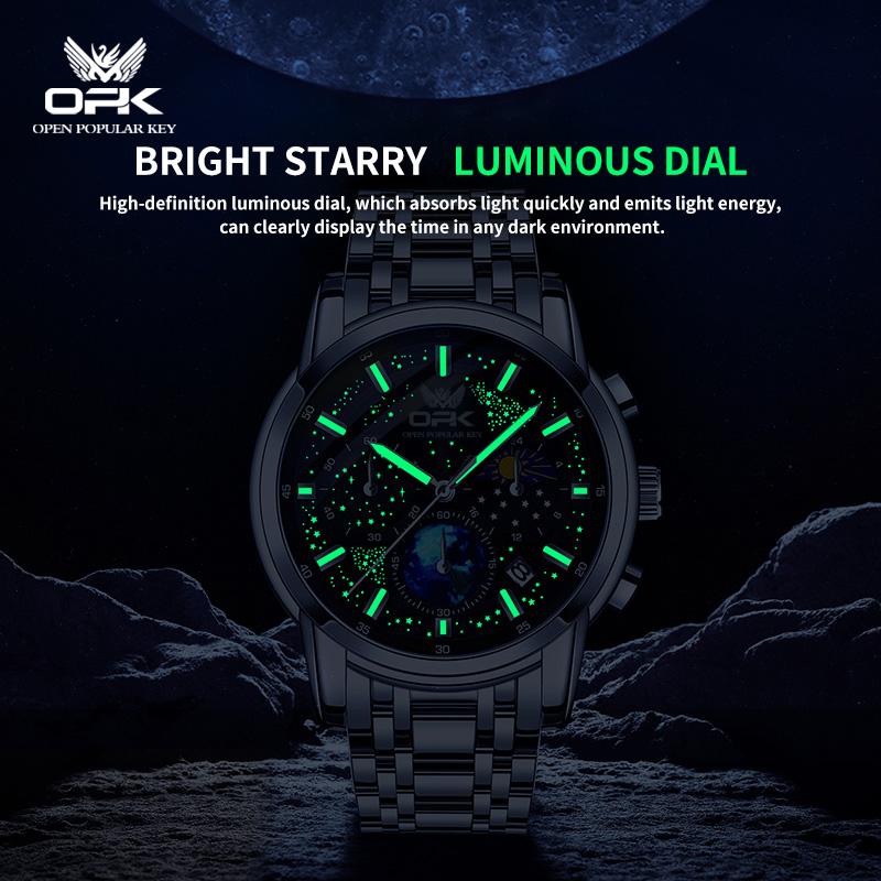 OPK 8142 Chronograph Mens Watch Waterproof Luminous Moon Phase Auto Date Original Luxury Quartz Man Wristwatch