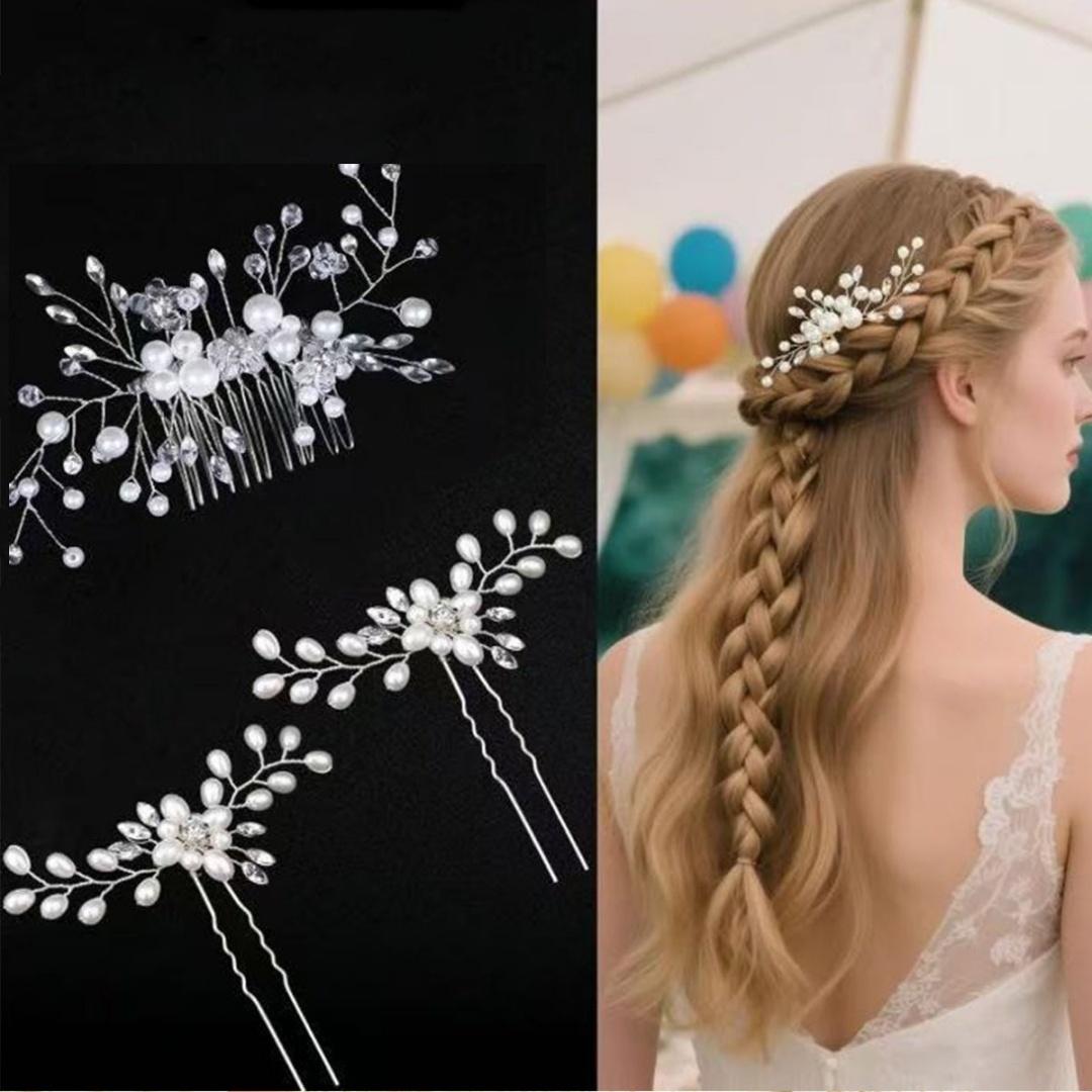 

The bride s headpiece features pearl and crystal beads on a comb. This is an elegant handmade hair accessory with embedded cryst