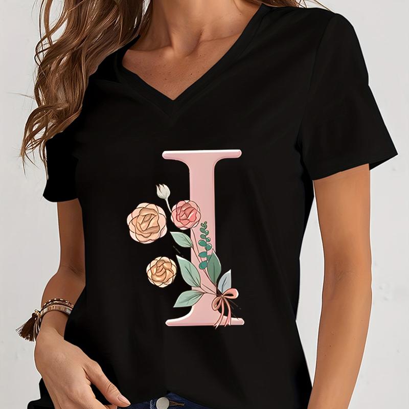 Cartoon Alphabet Flower Graphic Tee Womens Clothing Pink Flower Alphabet Gift Tshirt FeUnisex Vintage 26 Initials Flower Tshirt