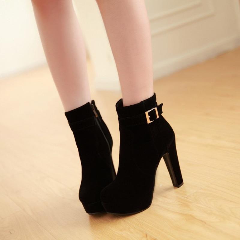 Sizes 34-39 Party Booties Woman Fashion High Heels Velvet Cotton Women's Shoes Sexy Side Zipper Platform Belt Buckle Ankle Boots
