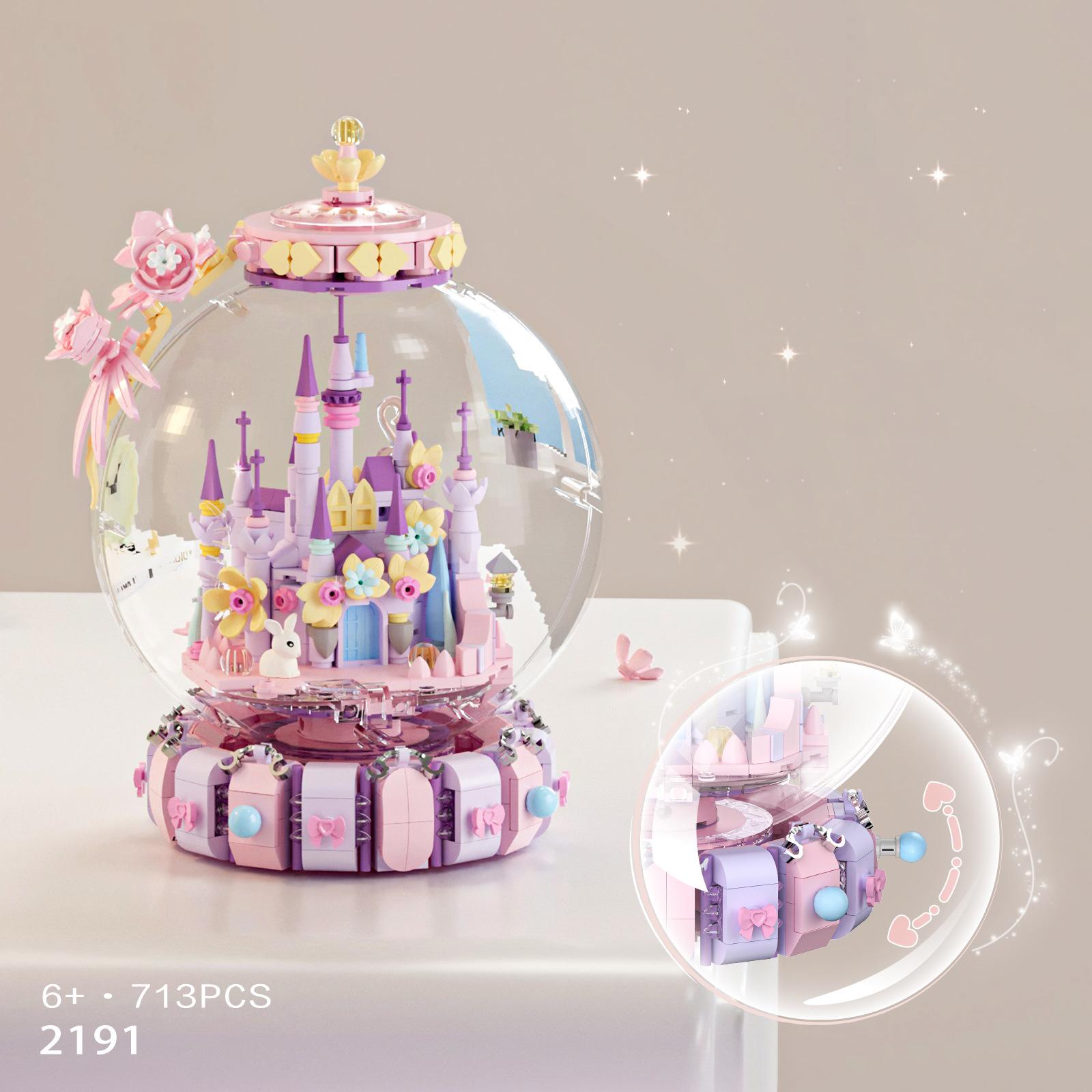 

Idea Fairy Tale World Construction Blocks Crystal Sphere Cherry Flower Rotate Castle Small Block Model Educational Toys For Girls Gifts