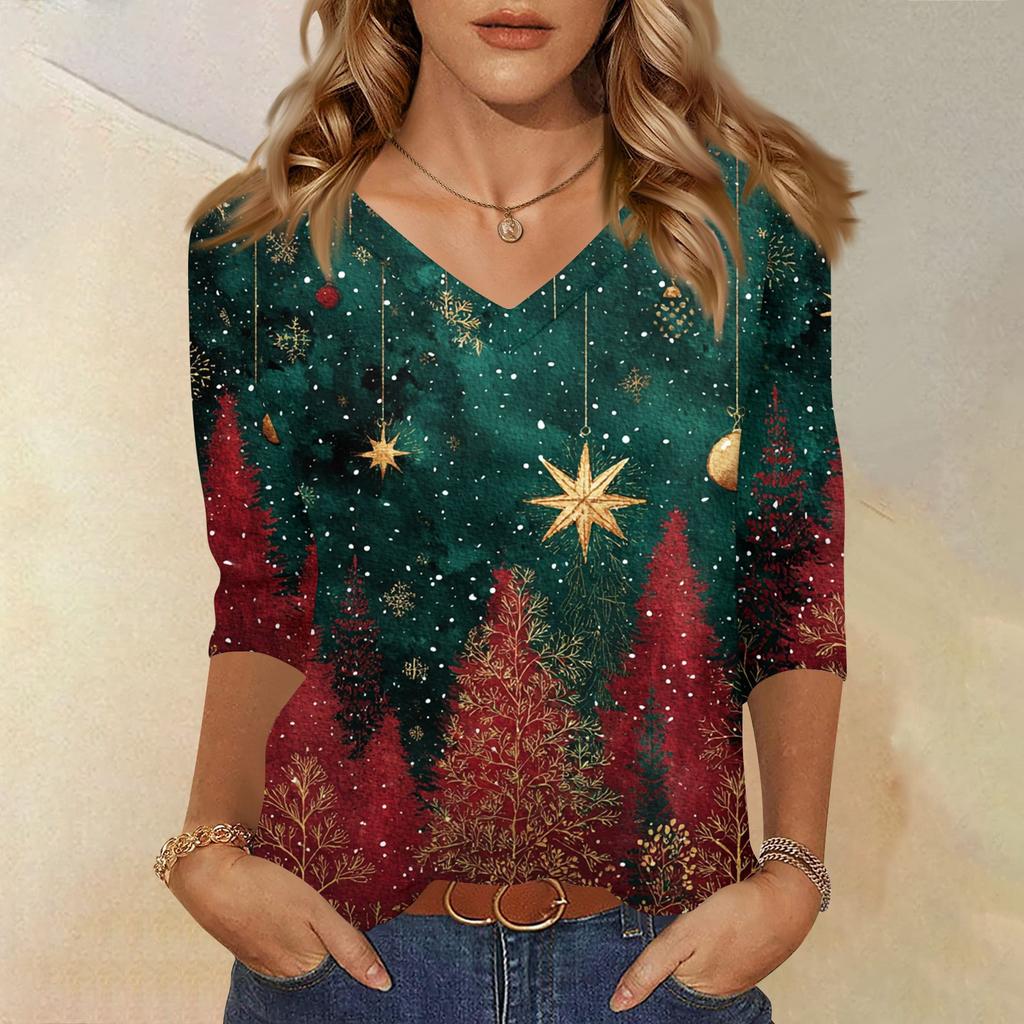 Women's T Shirt CHristmas Print 3/4 Sleeve Daily Weekend Fashion Basic V- Neck Regular Top