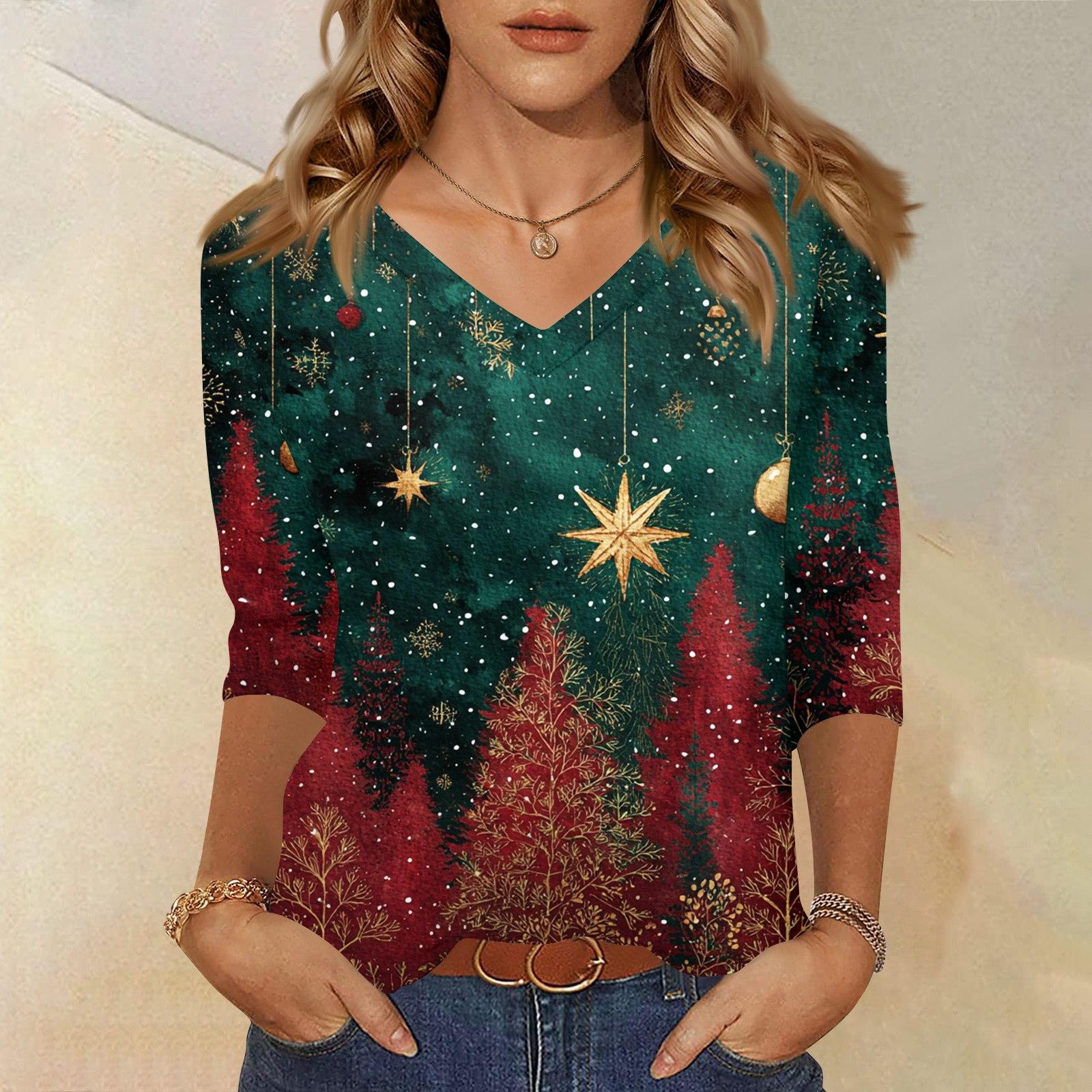 

Женская футболка с рождественским принтом, рукав 3/4, повседневная, для выходных, модная, базовая, с V-образным вырезом, обычный топ M