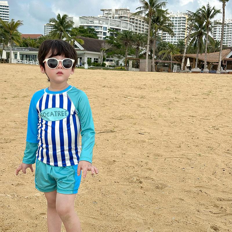 Boys  2025 Summer Long Sleeve Rash Guard 2-Piece Swimsuit - Quick Dry Sun Protection M (Height 85-95CM)