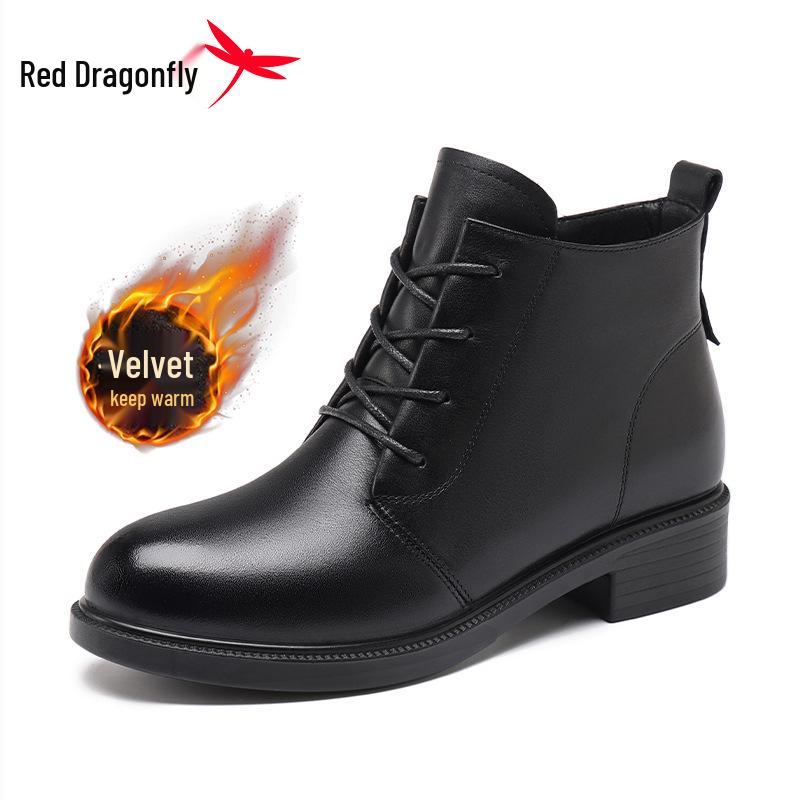 Red Dragonfly Women s Genuine Leather Winter Boots - Thickened Velvet High-Top Cowhide Short Boots 37