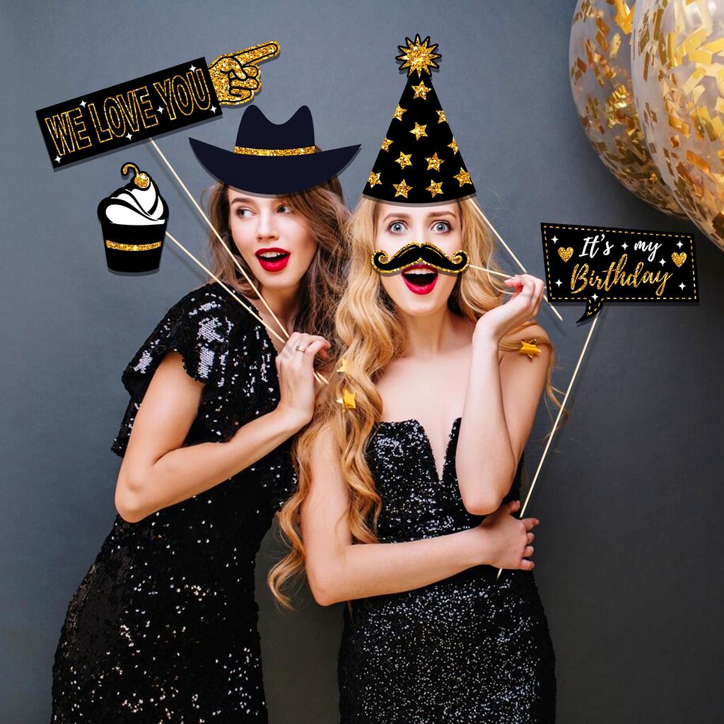 36pcs Happy Birthday Party Photo Booth Props Shimmer Powder Funny Glasses Lips Hat DIY Photo Shoot Prop Photobooth Accessories