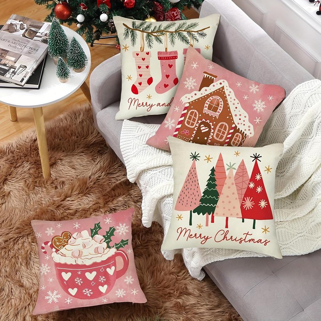 Charming Christmas Pillow Covers: Gingerbread House, Trees, Socks, and Cozy Cup Designs Sofa Room Cushion Cover Home Decoration