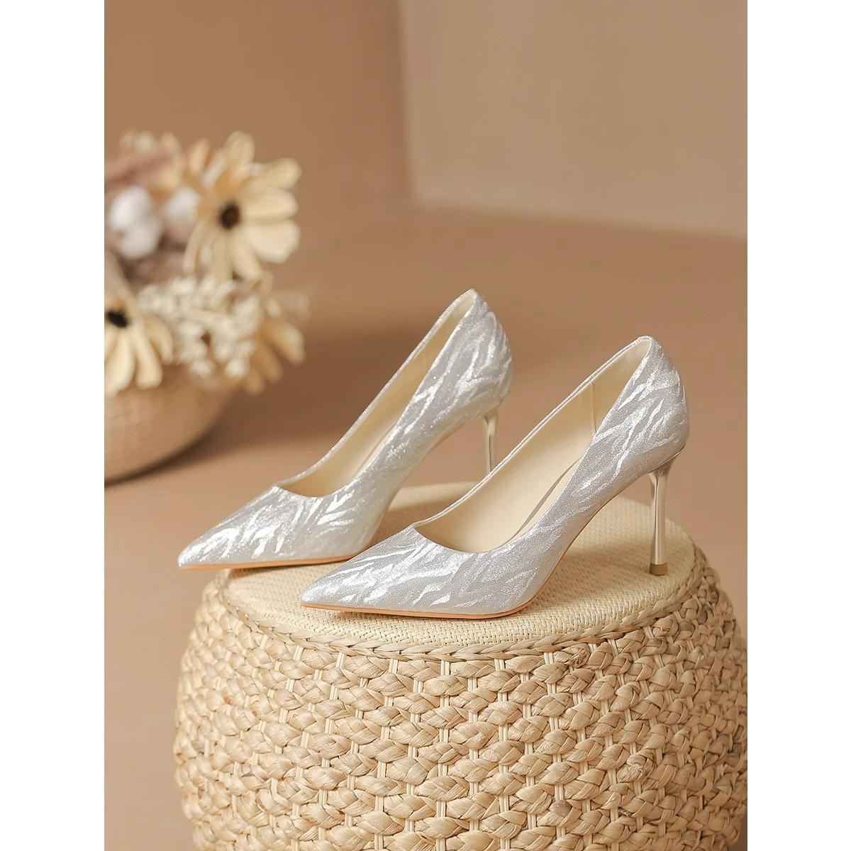 

2025 new silver wedding shoes female lead wedding dress engagement crystal princess bride shoes French high heels stiletto single shoes 40