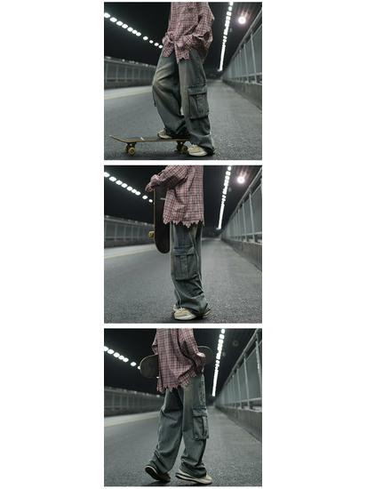 Men's American Retro Washed Wide-Leg Jeans with Big Pockets - Loose Straight-Leg Workwear Pants for Spring & Autumn.