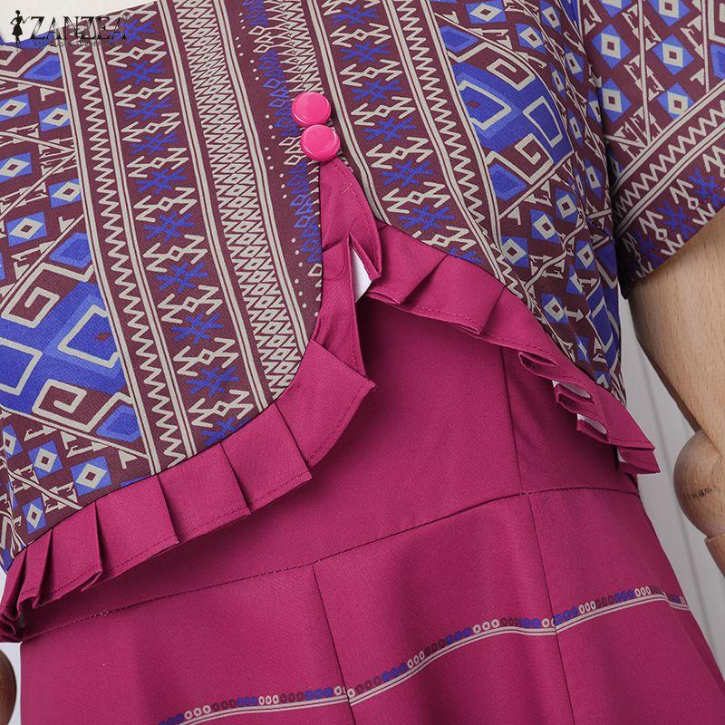 ZANZEA Women Casual Square Collar Short Sleeve Retro Print A-Line Dress