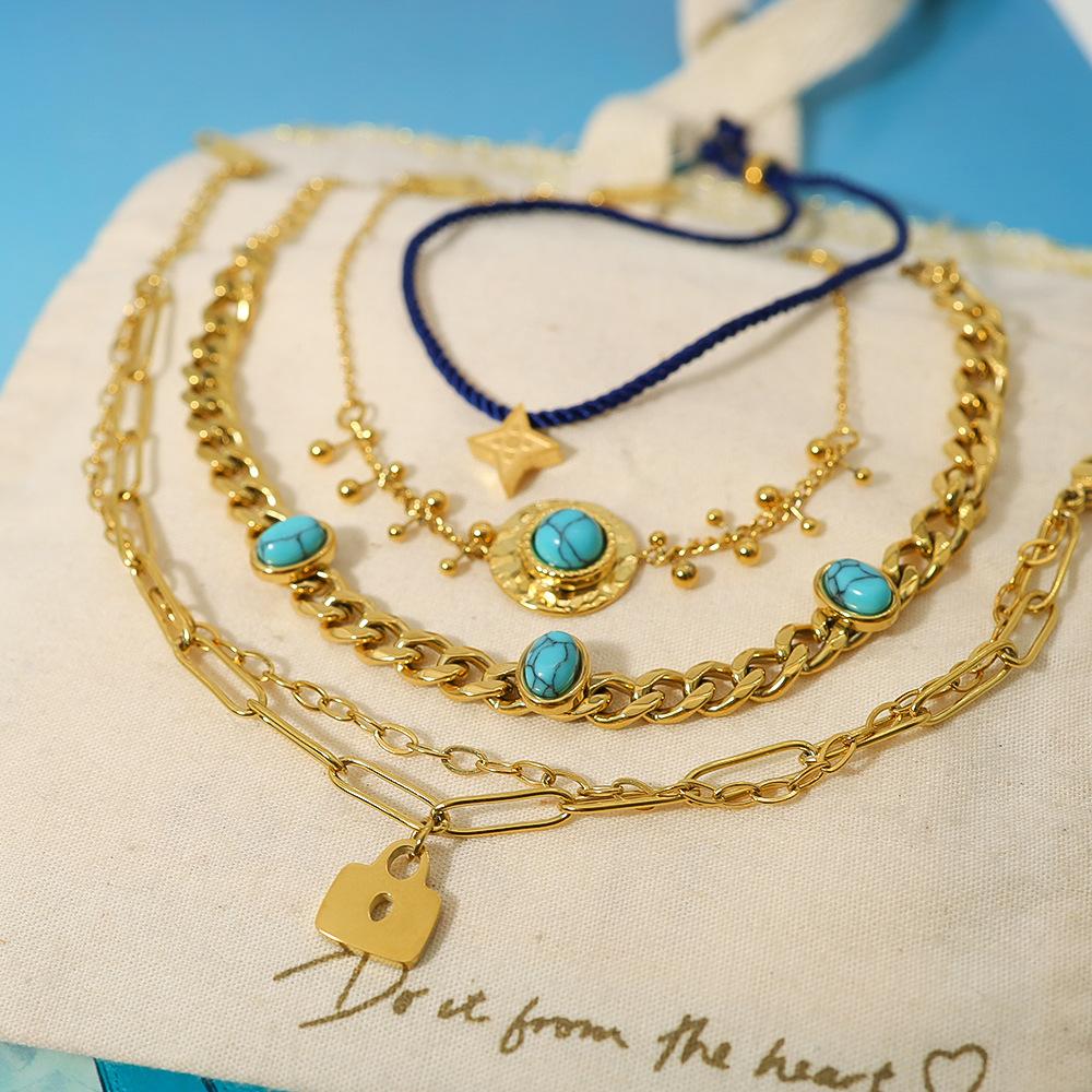 Gestapeltes Armband Edelstahl Vergoldet Echtgold Kieferblau Naturstein Titanstahl Vielseitiger Modeschmuck