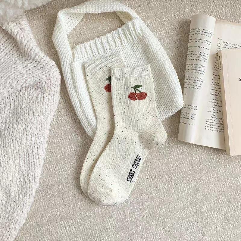 Women s Mid-Calf Dotted Mesh Heart & Cherry Blossom Socks - Gray, Four Seasons Trendy Style