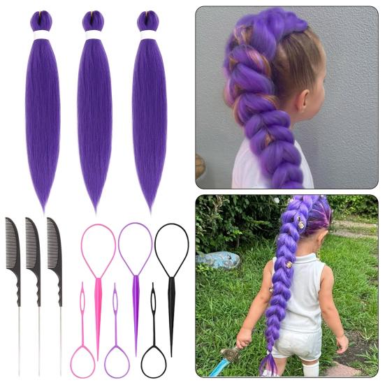 1/2/3 Sets 26-Inch Long Purple Hair Extension with Comb Bun Maker Hairdressing Tools Party Pre Stretched Straight Synthetic Hair Extension