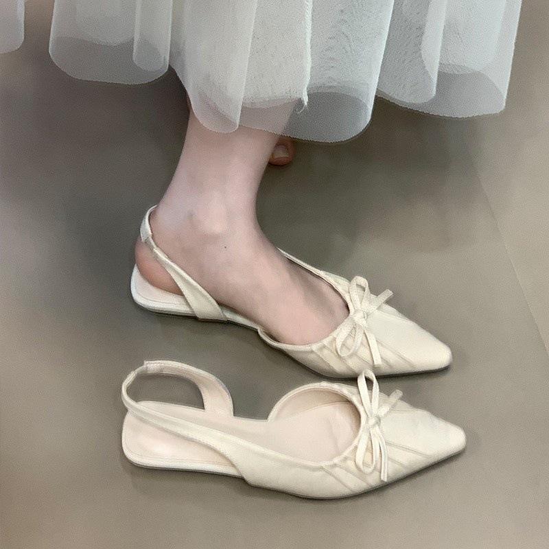 Trendy Pointed Wrinkled Bow Bag Head Sandals Women's Summer Slope Heel Empty Single Shoes