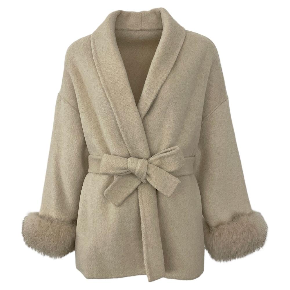 OFTBUY 2024 Осень Зима Куртка Шерстяное Пальто Съемные Натуральные Большие Манжеты Из Меха Лисы Модные Натуральные Женские Свободные Теплые S бежевый