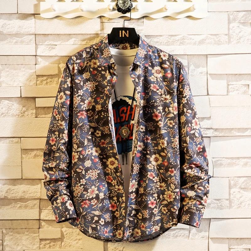 Men's Clothing Long Sleeve Man Shirts Cotton Vintage Clothes Flowers Shirt Korean Clothing Men's Fashion Beach Shirt Top