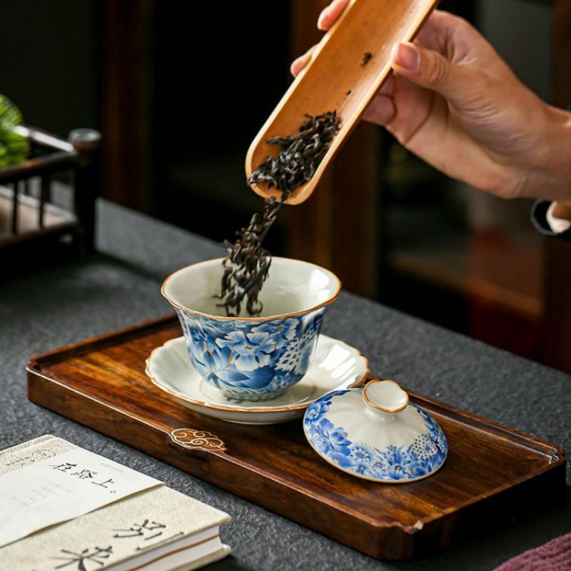 Högkvalitativ Retro Ru Ugn Te Terrin Keramisk Sancai Lockskål Tebryggare Gaiwan Kan Odla Kung Fu Te Servis