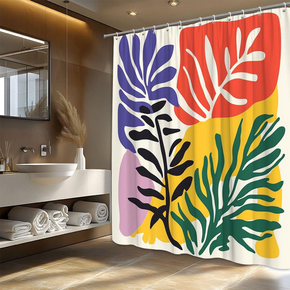 Abstract Palm Leaf Illustration Shower Curtain 1Pc With 12 Hooks For Bathroom Home Decor Polyester 2D Flat Print 70.8X70.8 Inch