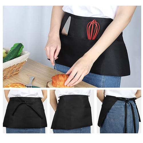 Mirhua Short Apron for Restaurants, Salons, Chefs, and Professionals with Pockets, Unisex, Black, 3 Pockets