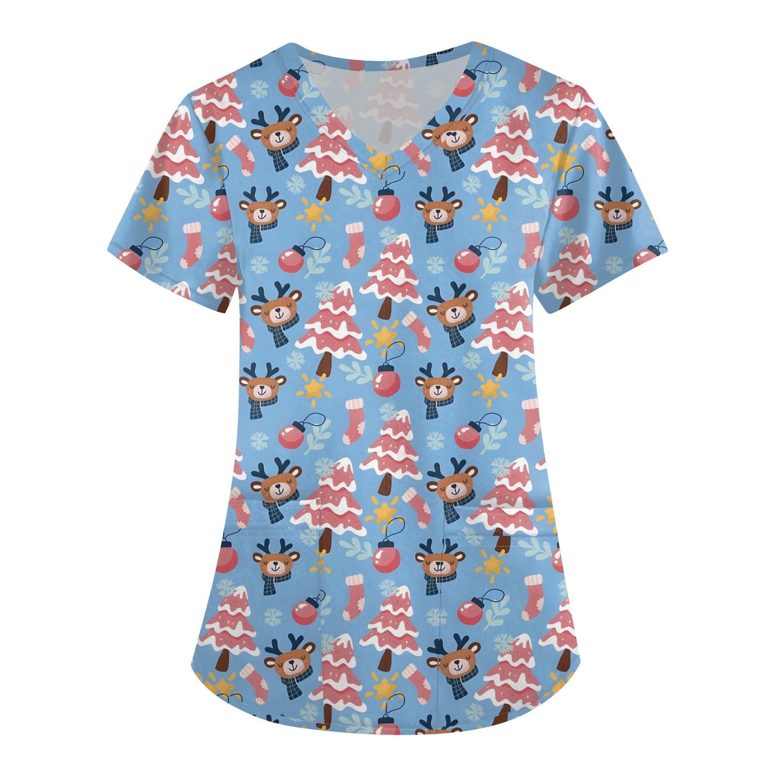 

Женская мода V-образный вырез короткий рукав рабочая одежда с карманом рождественский принт топ XXXL