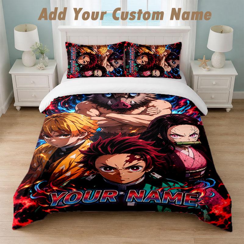 Bedding Set 1 Duvet Cover 2 Pillowcases Demon Slayer Print Soft Bed Linen Bedroom Decor