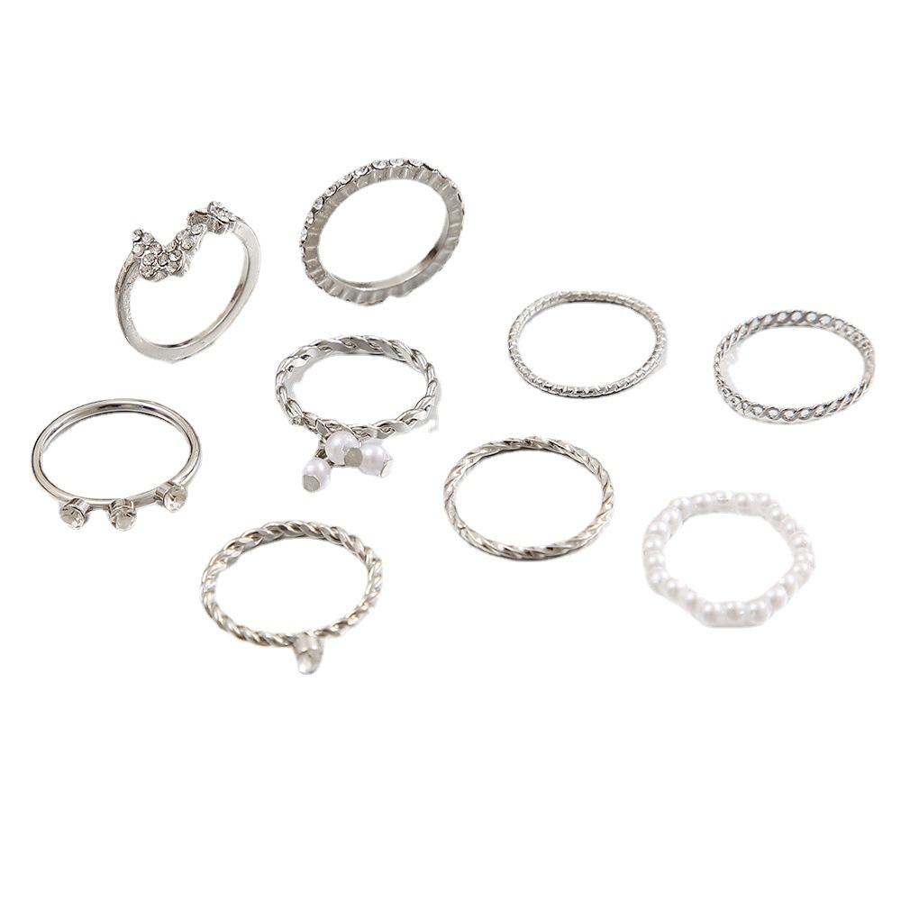 10Pcs Imitation Pearl Leaf Flower Rings Set For Women Rhinestone Butterfly Finger Ring Metal Knuckle Finger Ring Jewelry