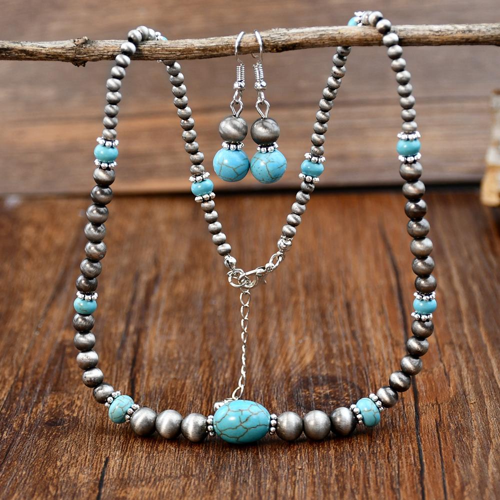 2PCS Vintage Round Beads Inlaid Turquoise Necklace Earring Set Women's Fashionable Personalized Handmade Zircon