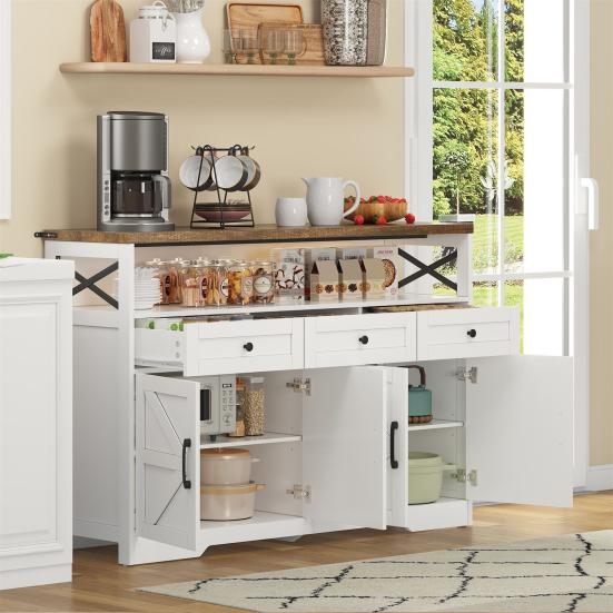 Buffet Sideboard 140cm with Storage Space, Coffee Bar with 3 Drawers, Country Style Console with Doors, Cupboards with Shelves, Suitable for Kitchen,