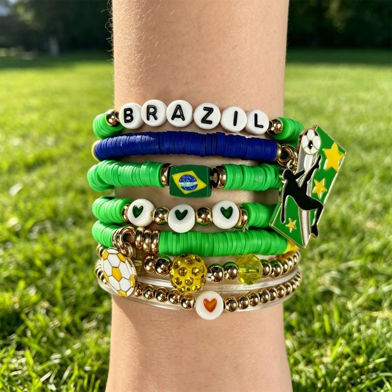 2026 Football Bracelet Set For Soccer Fan With Team Color And Football Charm Elastic Wristband