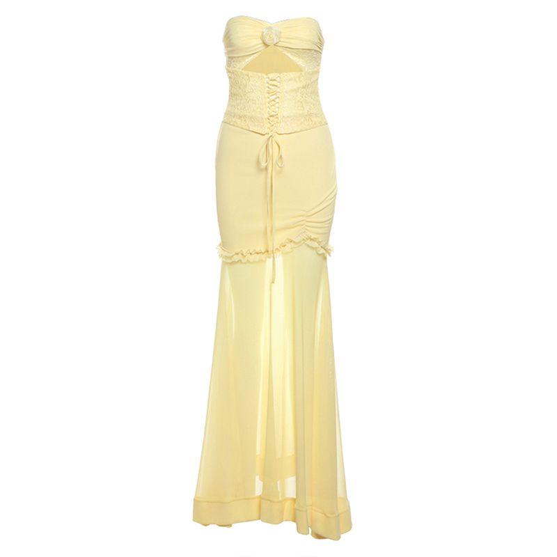 

# Sisjuly# Elegant Goddess Romantic Baby Yellow Bandage Waist Hugging Sexy dresses for women Women Dinner Party Formal Dress Long dress Yellow S