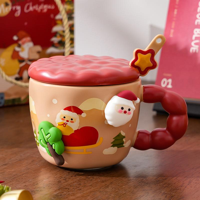 Cupa Creativă de Crăciun din Ceramică cu Capac Valoare Ridicată Desene Animate Drăguță Birou Cuplu Cupă de Apă Cutie Cadou Suvenir