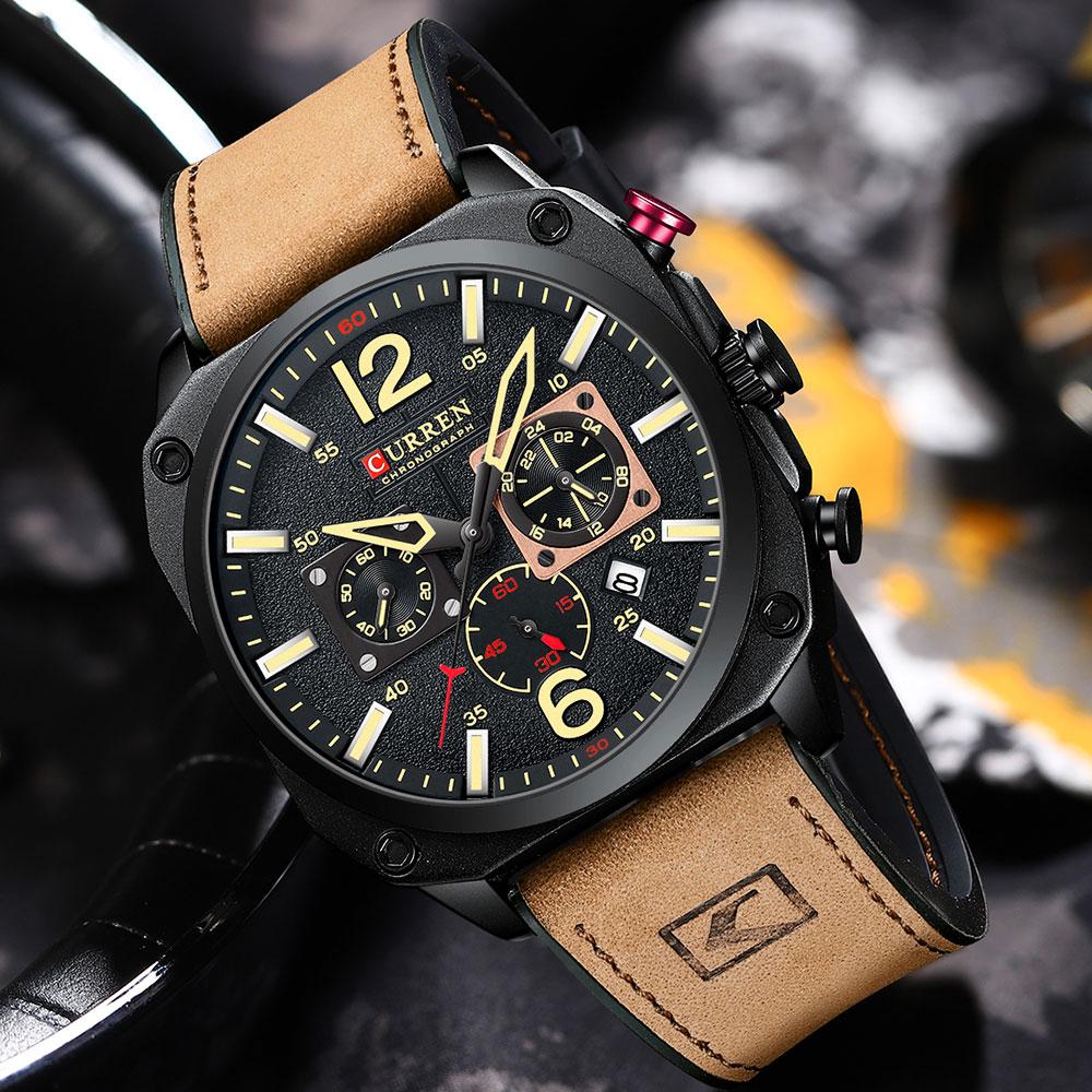 Chronograph Wristwatch Calendar Sport Mens Watches Military Fashion Square Dial Leather Male Clock Gift Luminous Waterproof